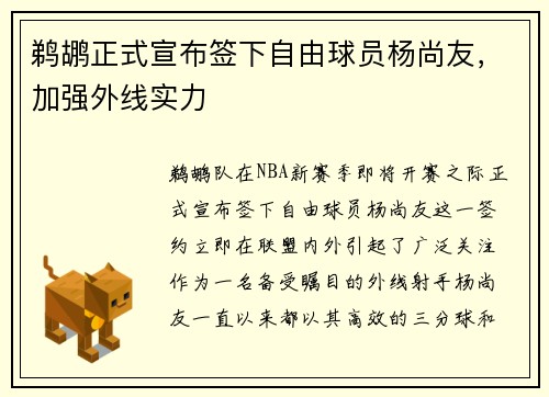 鹈鹕正式宣布签下自由球员杨尚友，加强外线实力